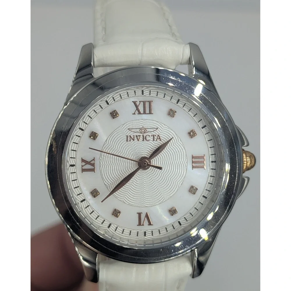 Invicta Angel Watch White 33mm Silver Rose Golden Diamond Leather Straps 12544